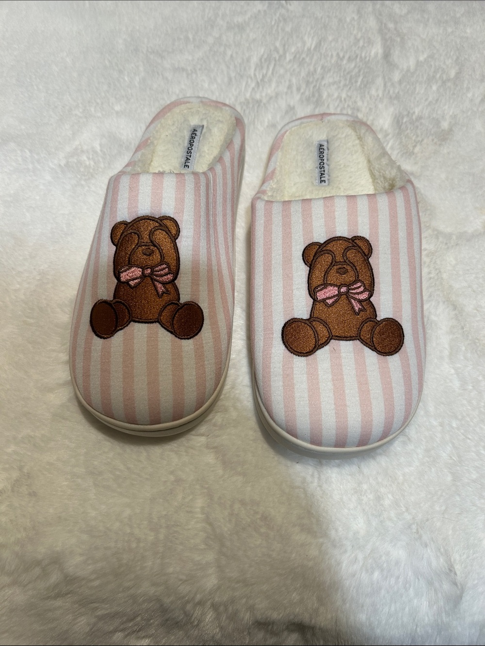 Aeropostale Pink and White Striped Teddy Slippers
